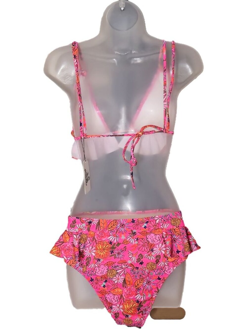 Floral Bikini Set M Pink Two Piece High Waist Ruffle Accent Adjustable Triangle - Picture 11 of 11